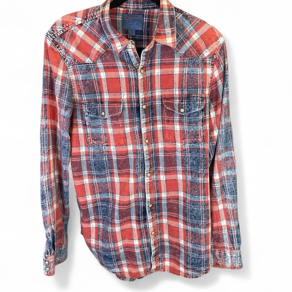 🔥 Lucky Brand Plaid Flannel Shirt Red Blue Snap Western Medium - Picture 7 of 7
